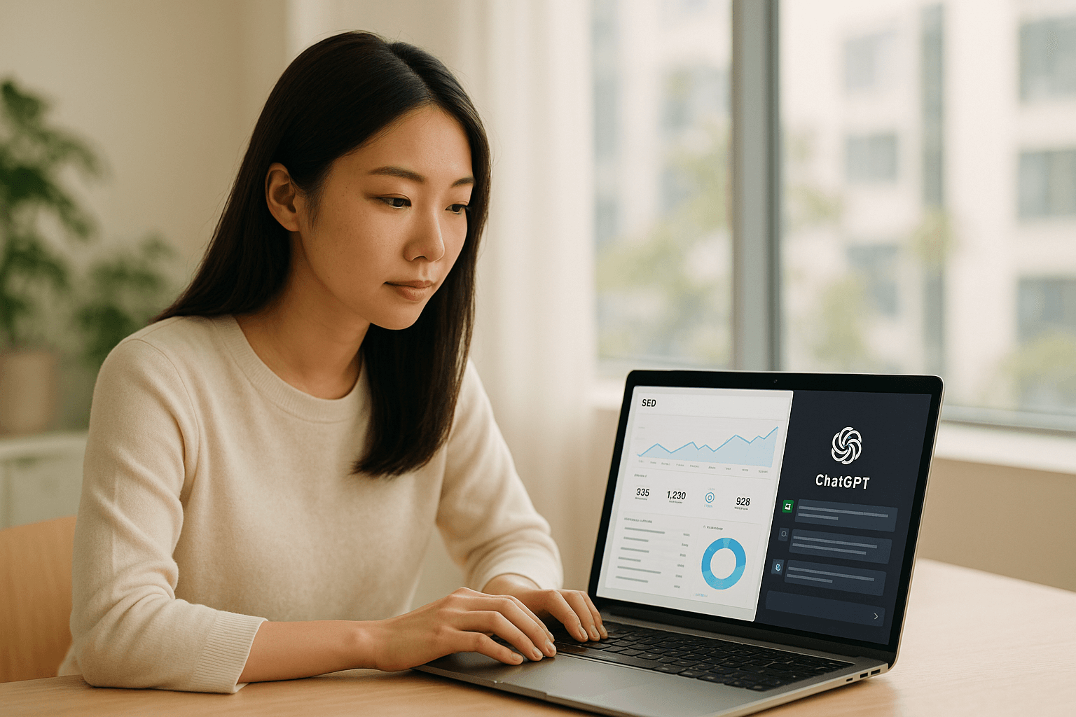 行銷專業人員在筆電上使用 ChatGPT 分析 SEO 數據